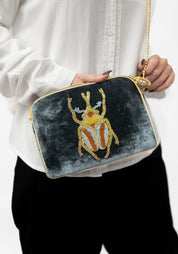 Light Teal Velvet Beaded Beetle Crossbody Bag