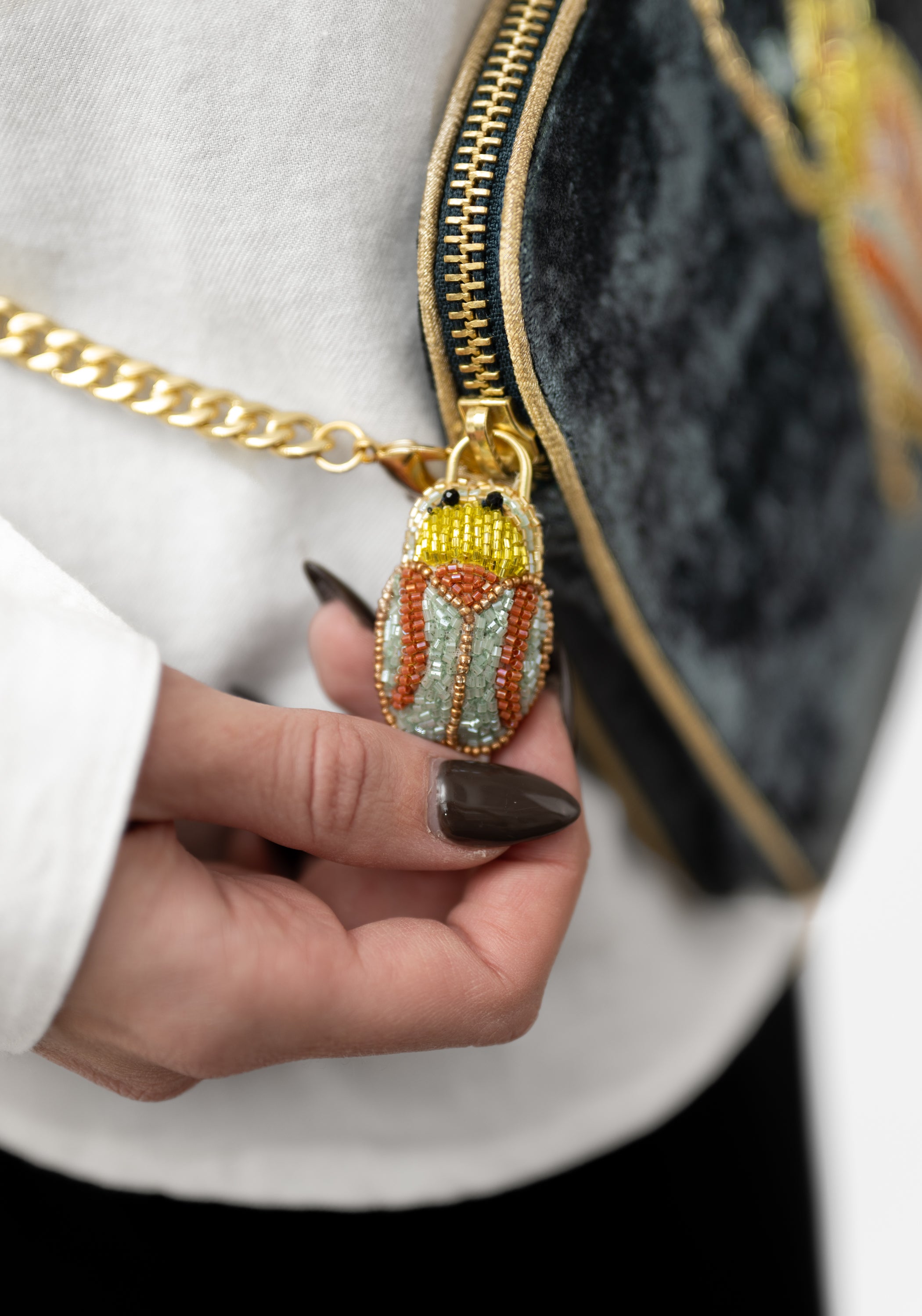 Light Teal Velvet Beaded Beetle Crossbody Bag