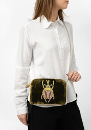 Khaki Velvet Beaded Beetle Crossbody Bag