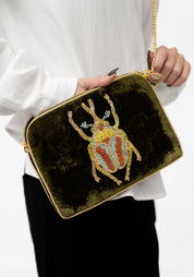 Khaki Velvet Beaded Beetle Crossbody Bag