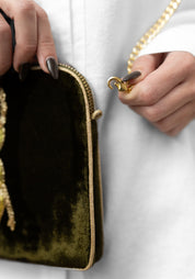 Khaki Velvet Beaded Beetle Crossbody Bag