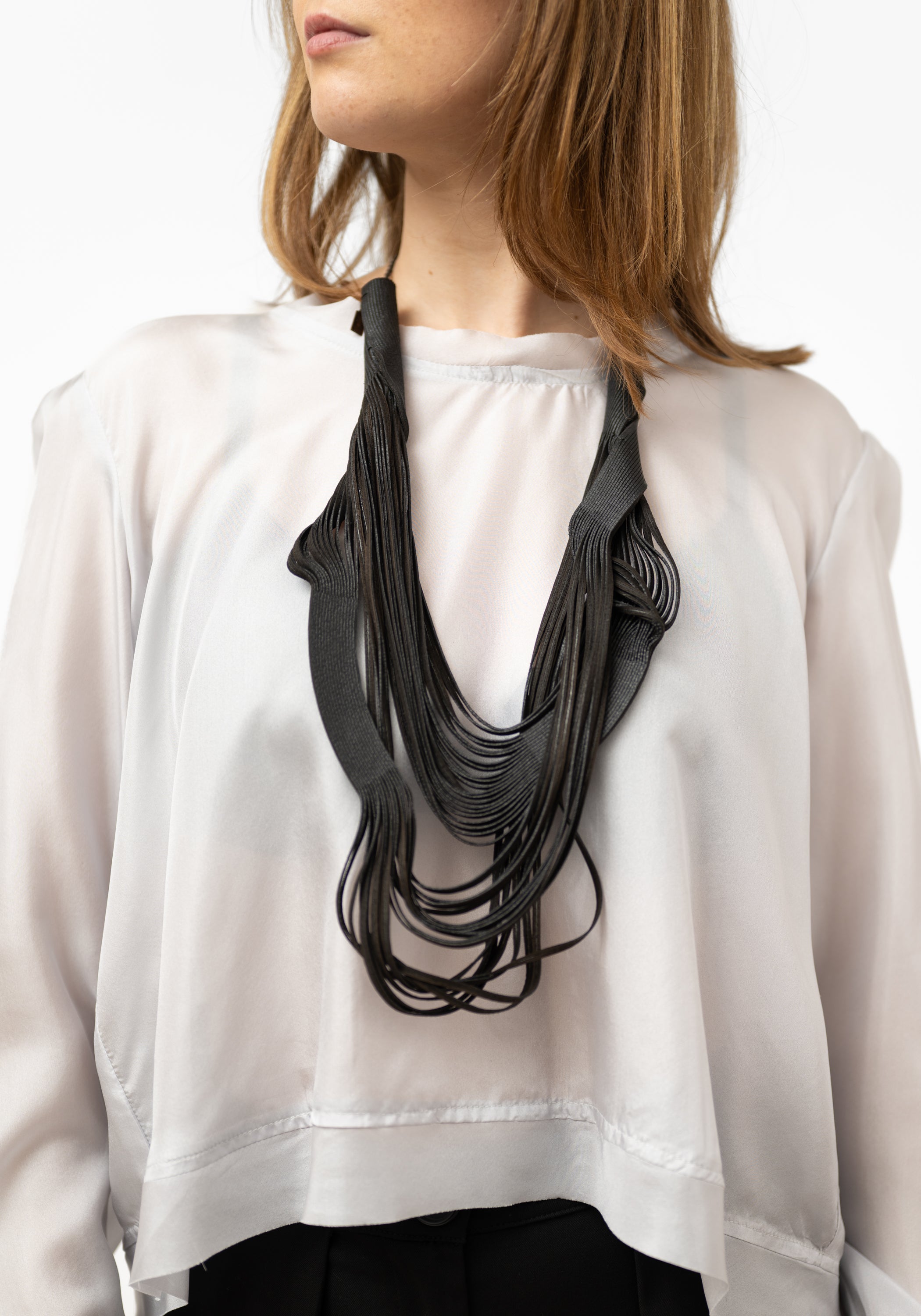 Black Leather Draped Whorls Necklace