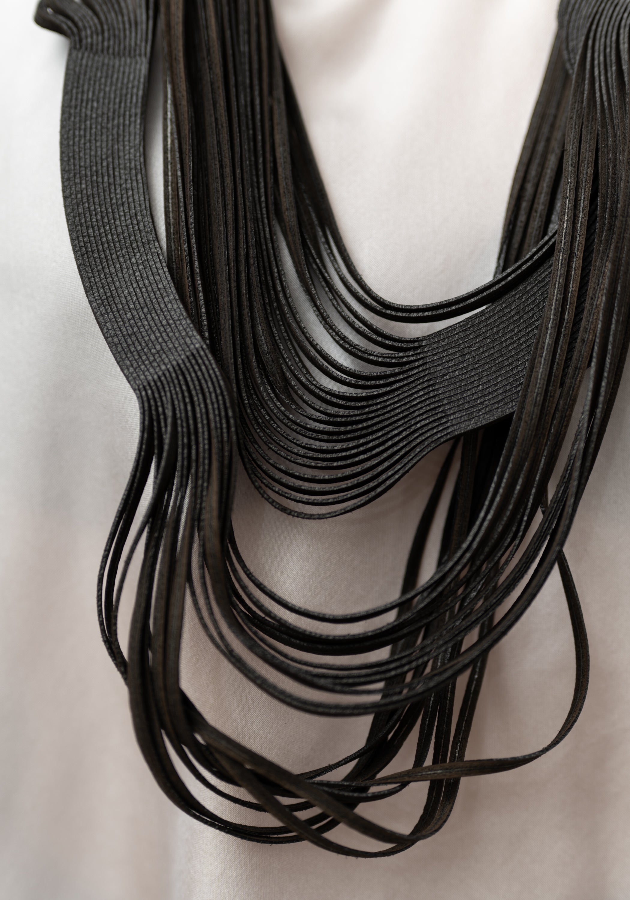 Black Leather Draped Whorls Necklace