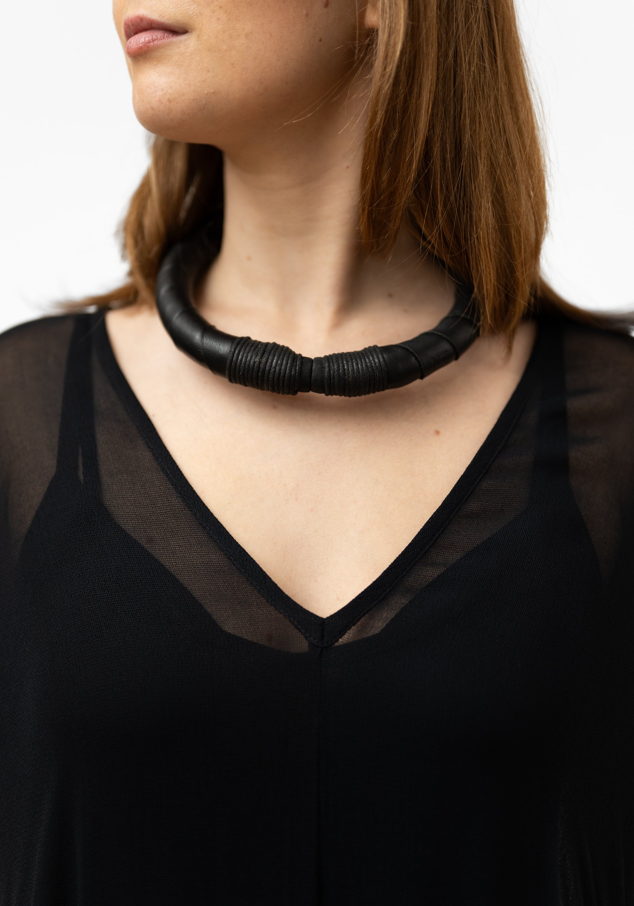 Leather Wrapped Ring Collar Necklace