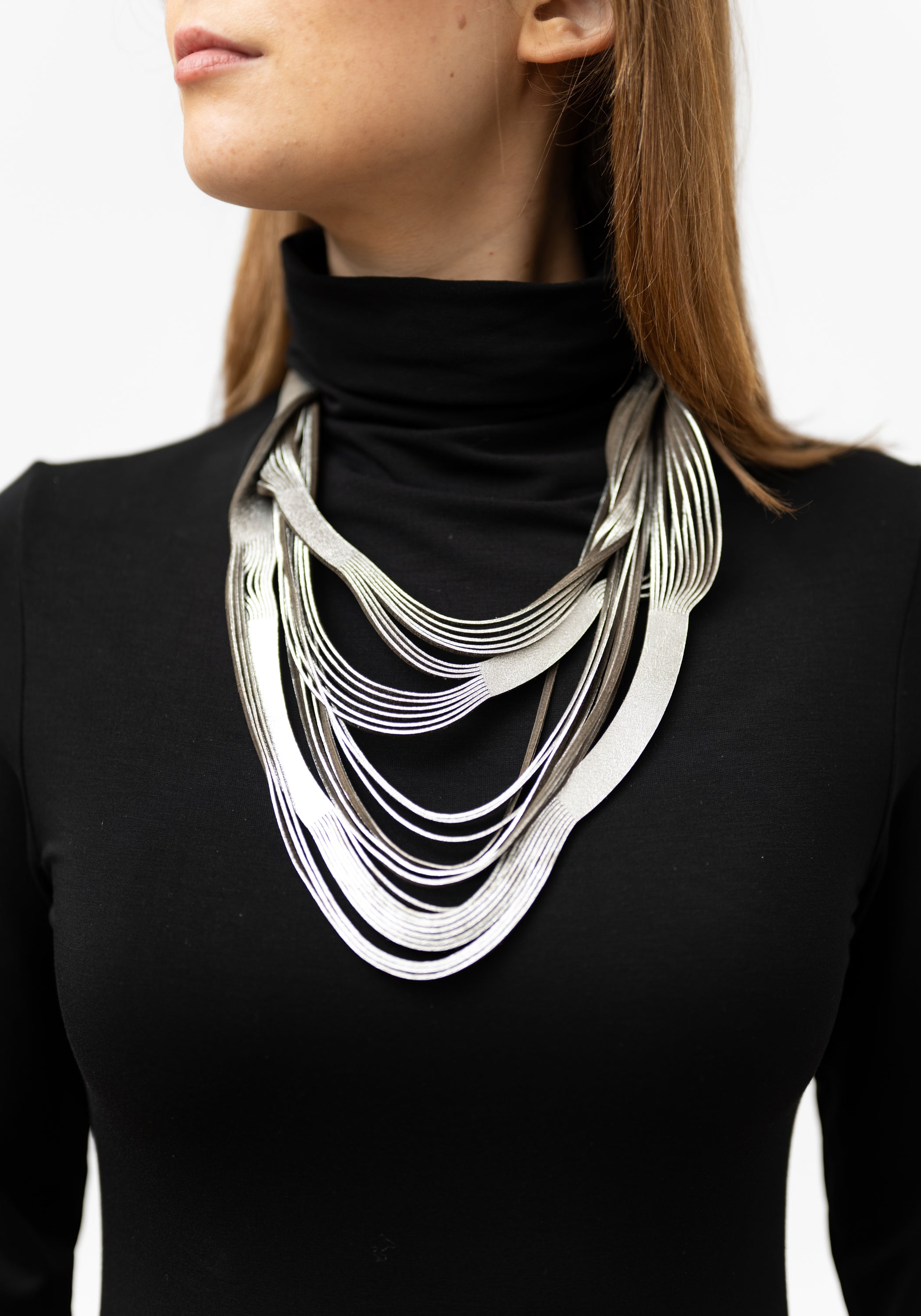 Silver Leather Short Whorls Necklace