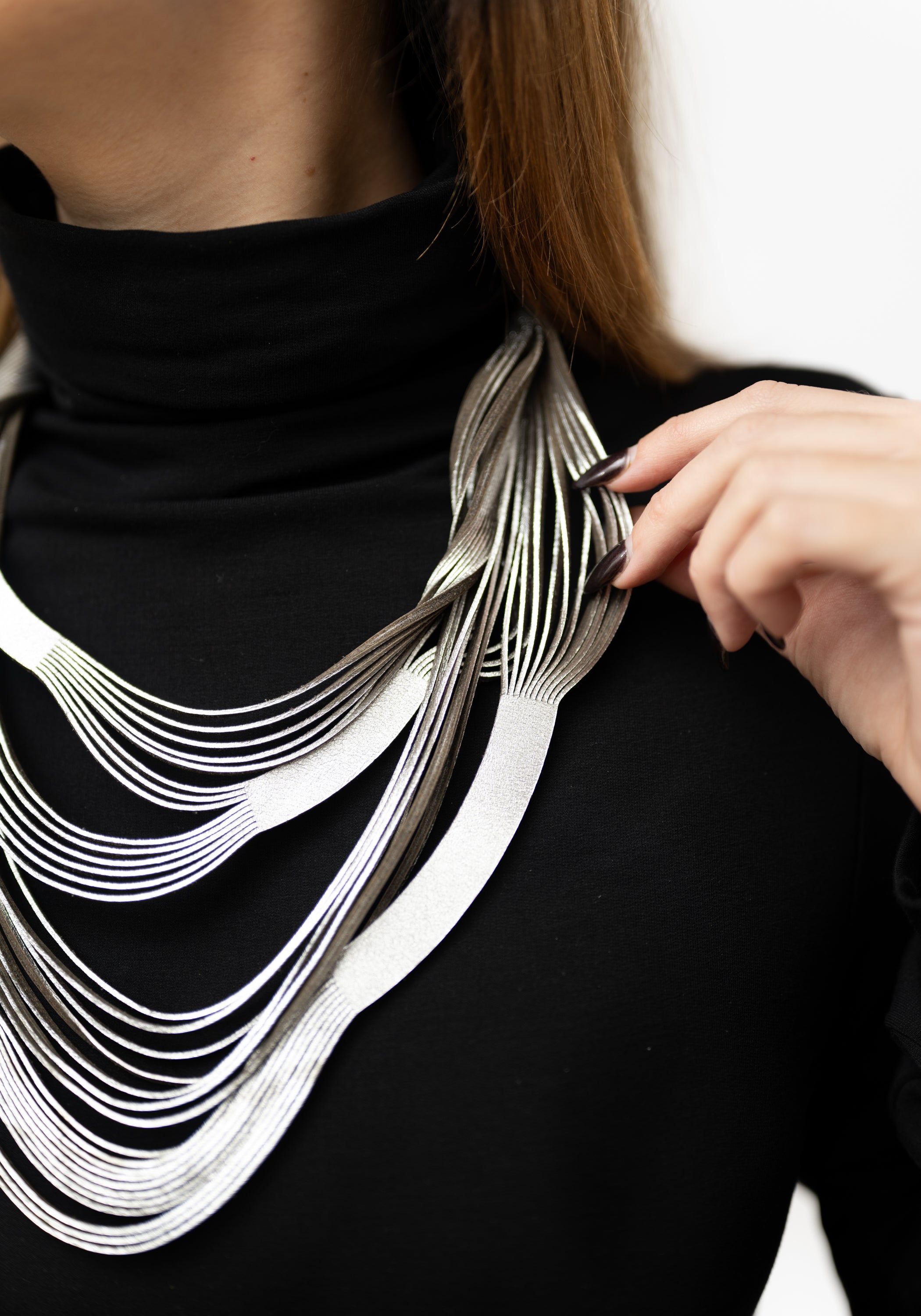 Silver Leather Short Whorls Necklace