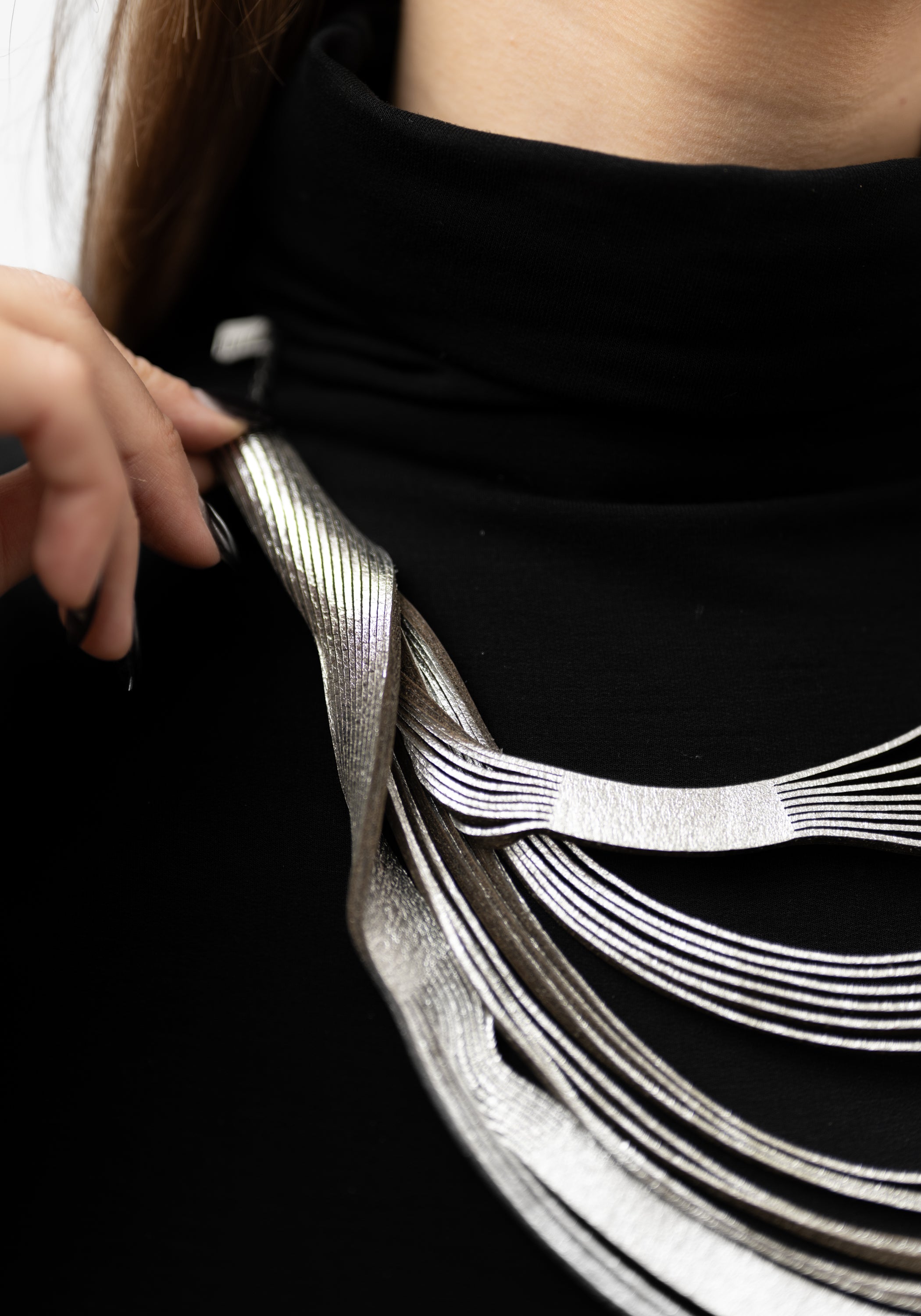 Silver Leather Short Whorls Necklace