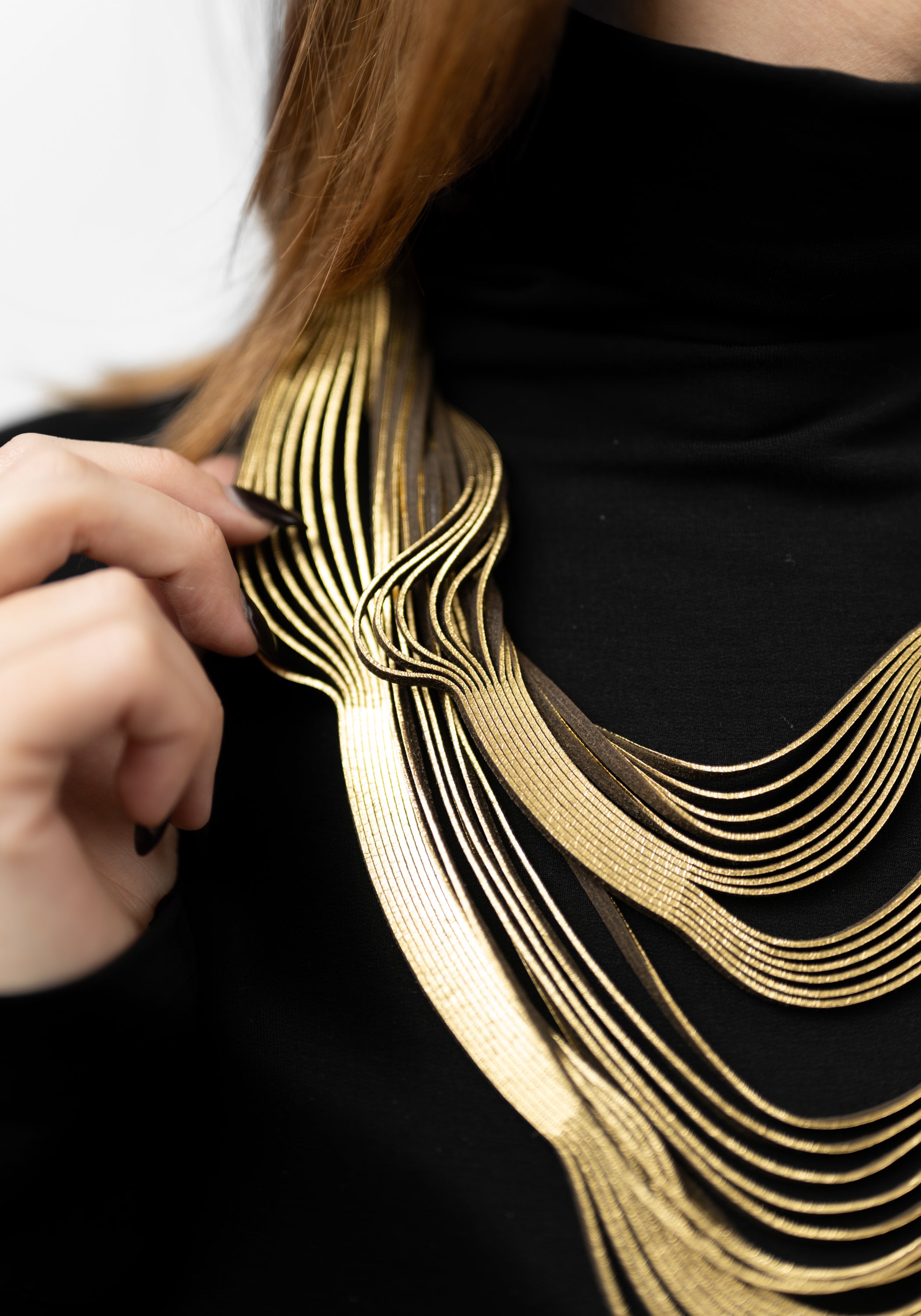 Gold Leather Short Whorls Necklace