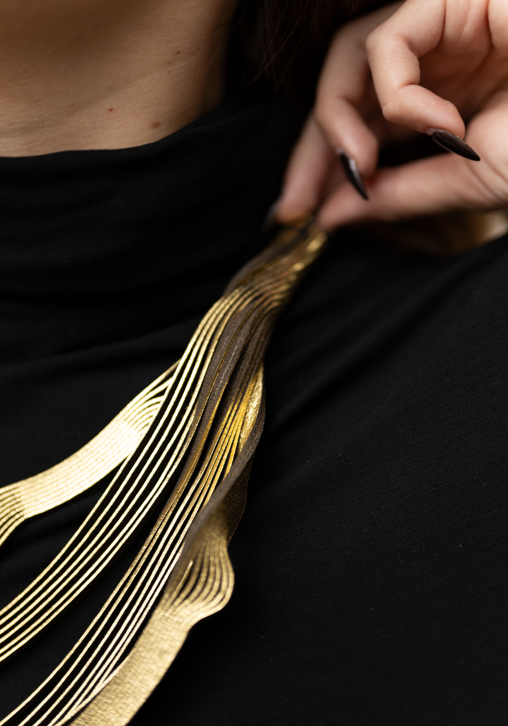 Gold Leather Short Whorls Necklace