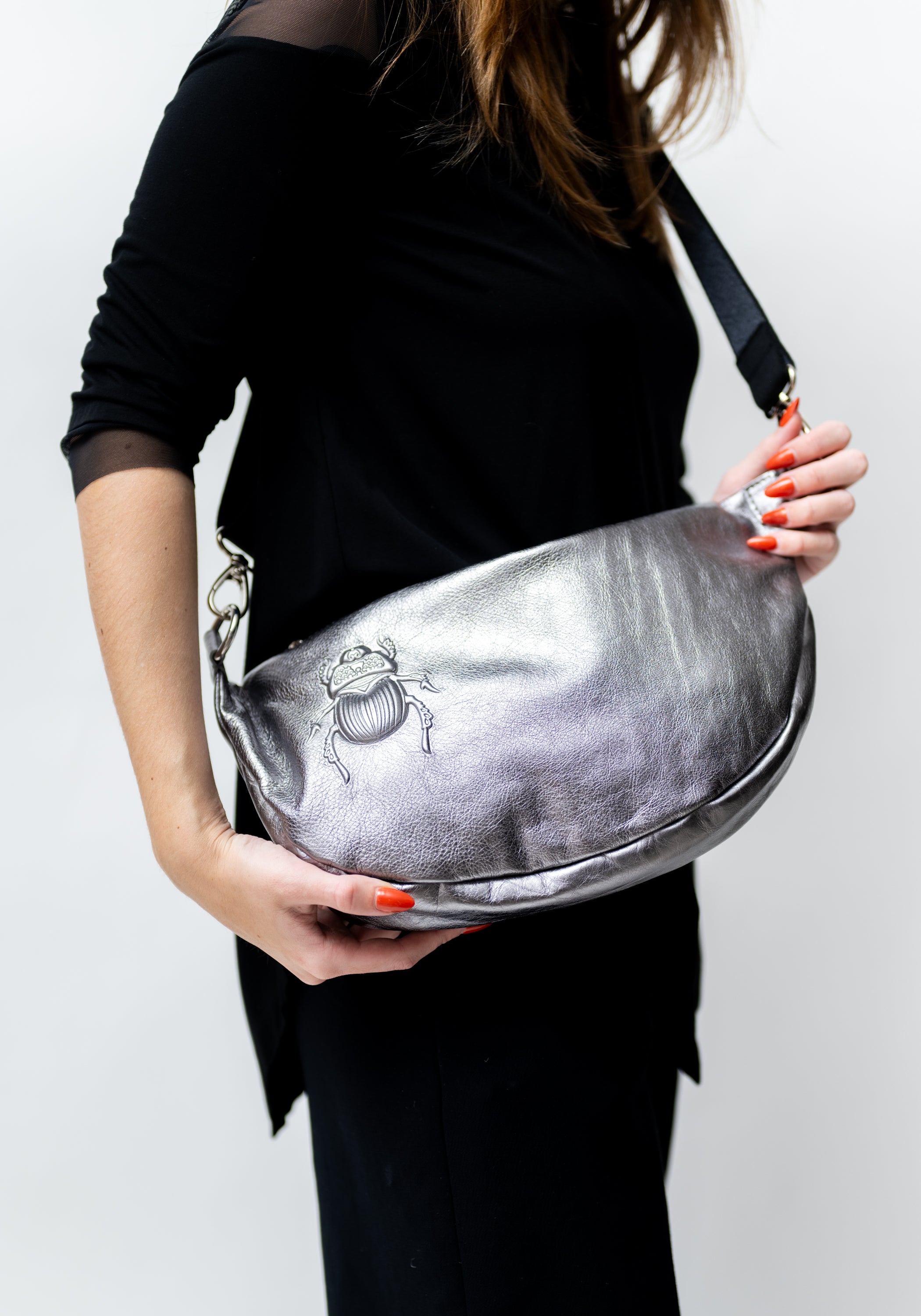 Platinum Leather Scarab Embossed Belt Bag
