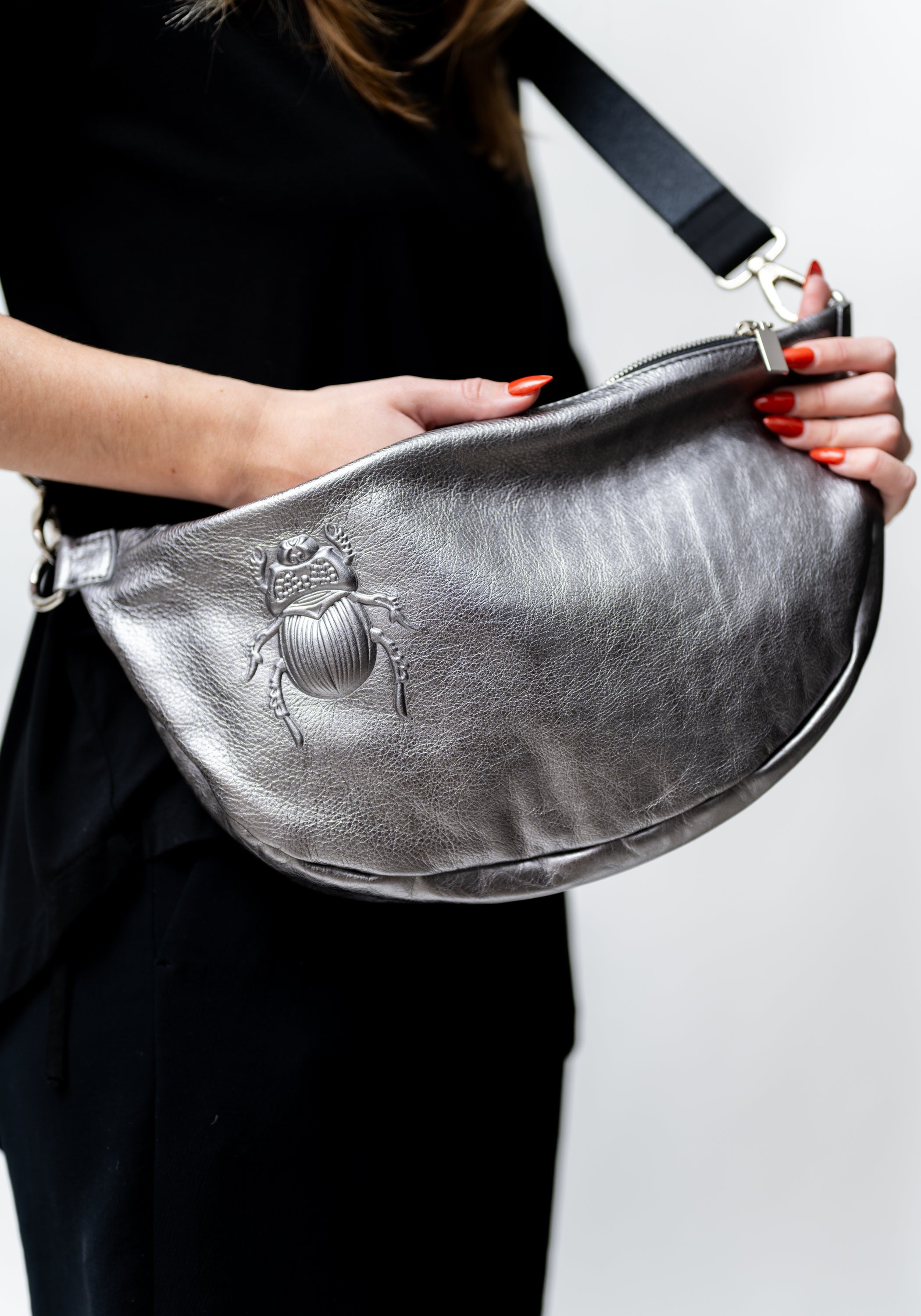 Platinum Leather Scarab Embossed Belt Bag