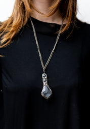 Pewter Long Teardrop Triple Crystal Pendant Necklace