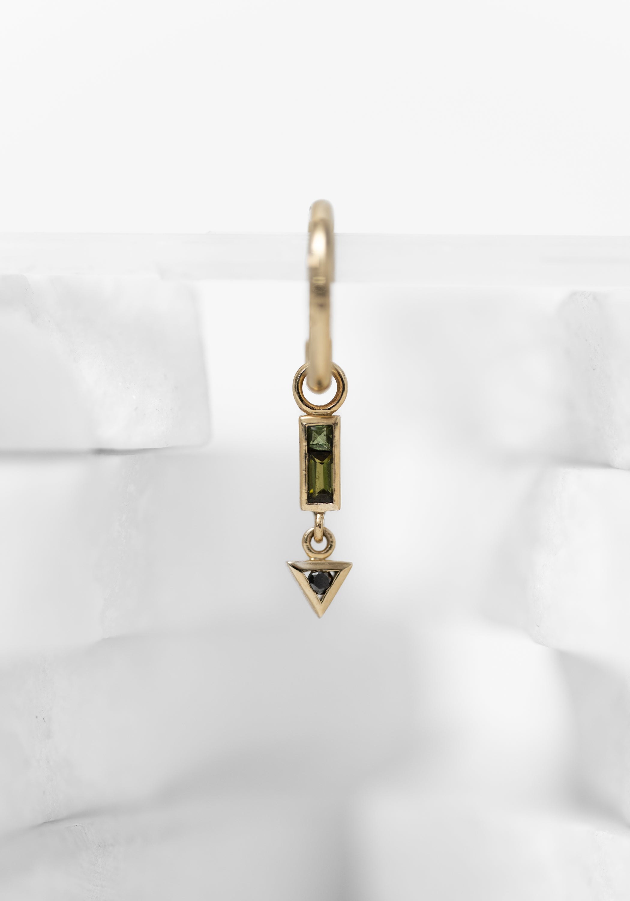 Single 9k Gold Green Tourmaline and Black Diamond Plaque and Round Clicker Hoop - December Thieves
