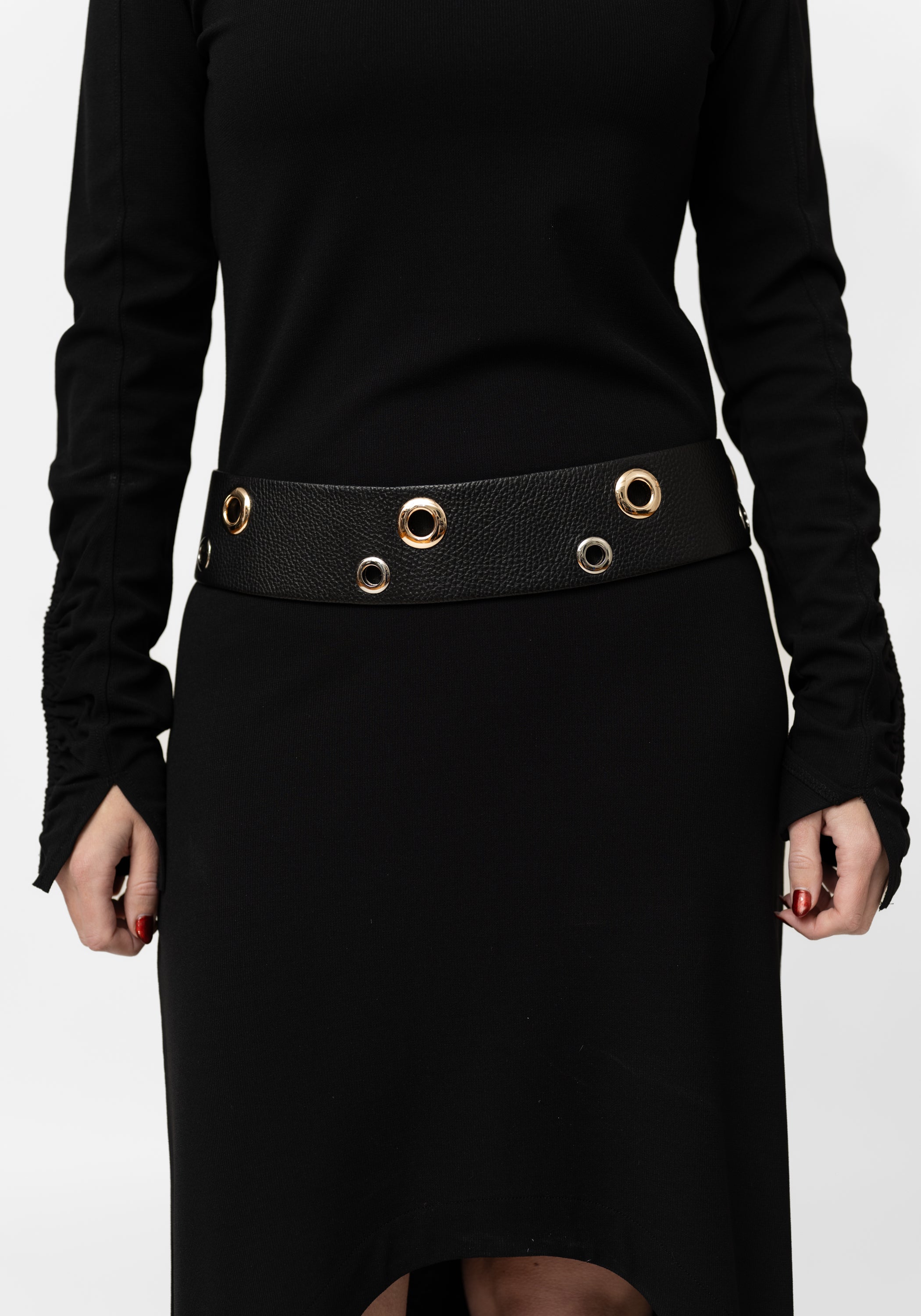 Black Leather Bold Grommet Detail Belt
