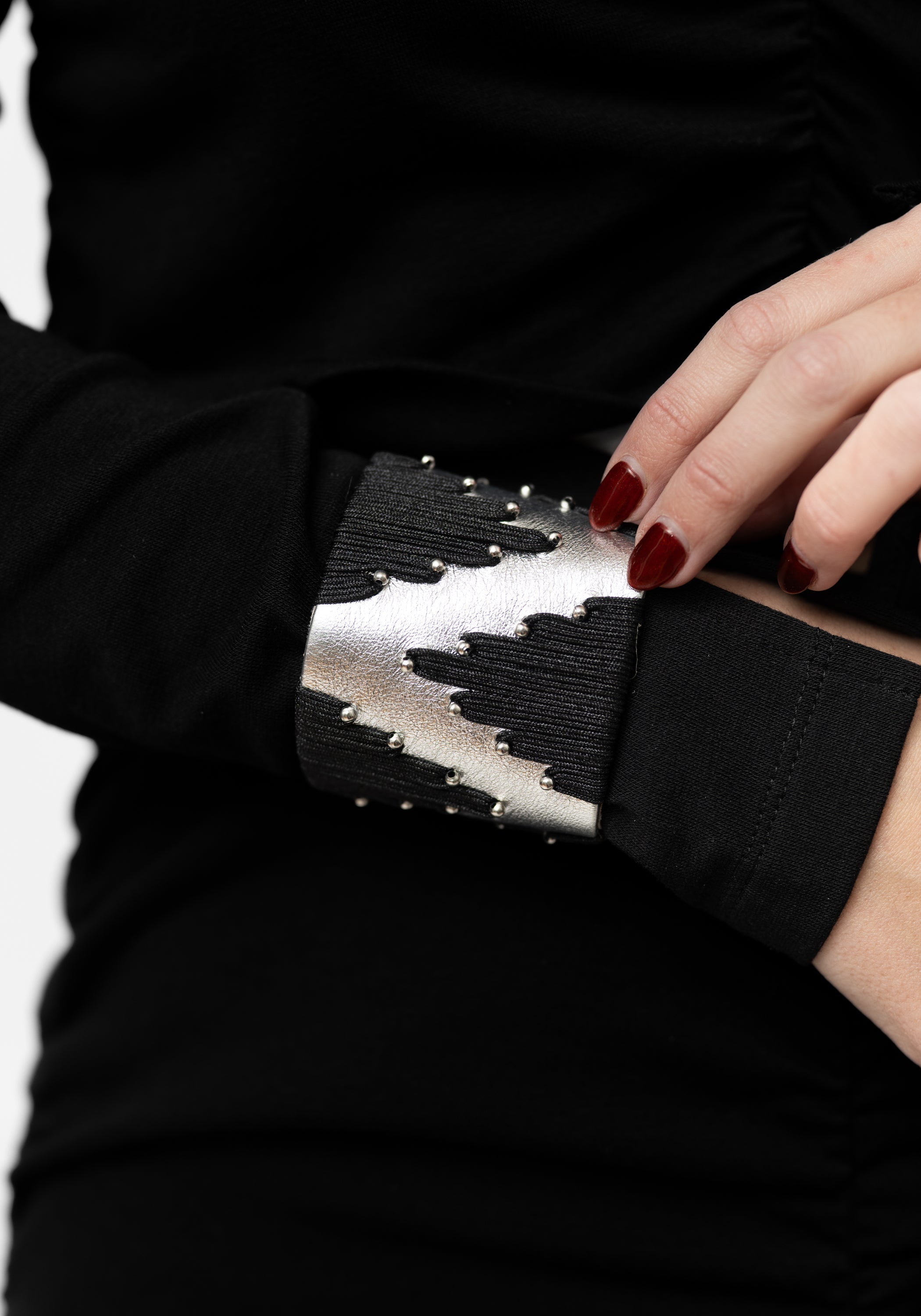 Silver Leather Embroidered Chevron Cuff