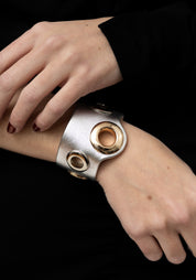 Silver Leather Bold Grommet Detail Cuff