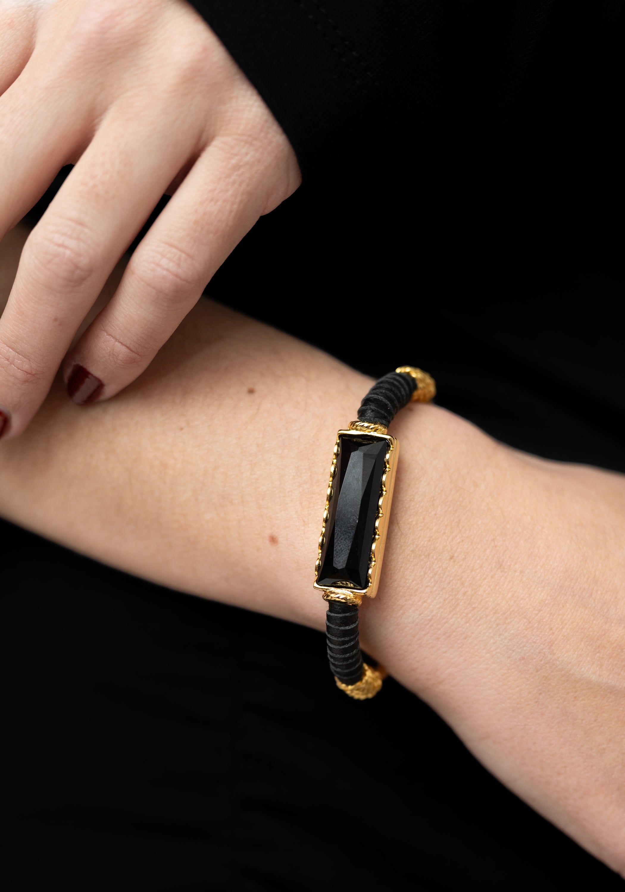 Black Leather and Crystal Detail Adjustable Cuff