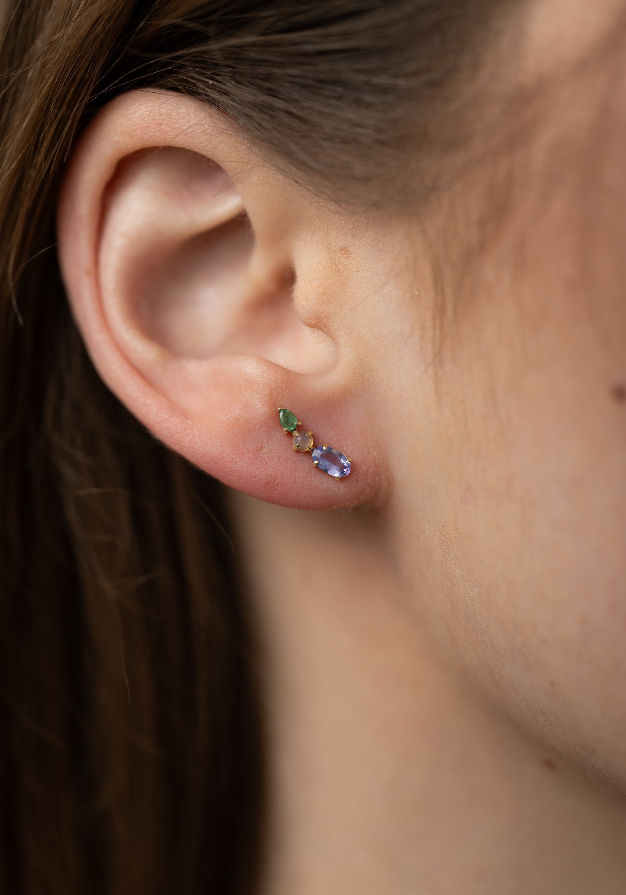 Single 9k Gold Multi Gemstone Ear Climber Stud