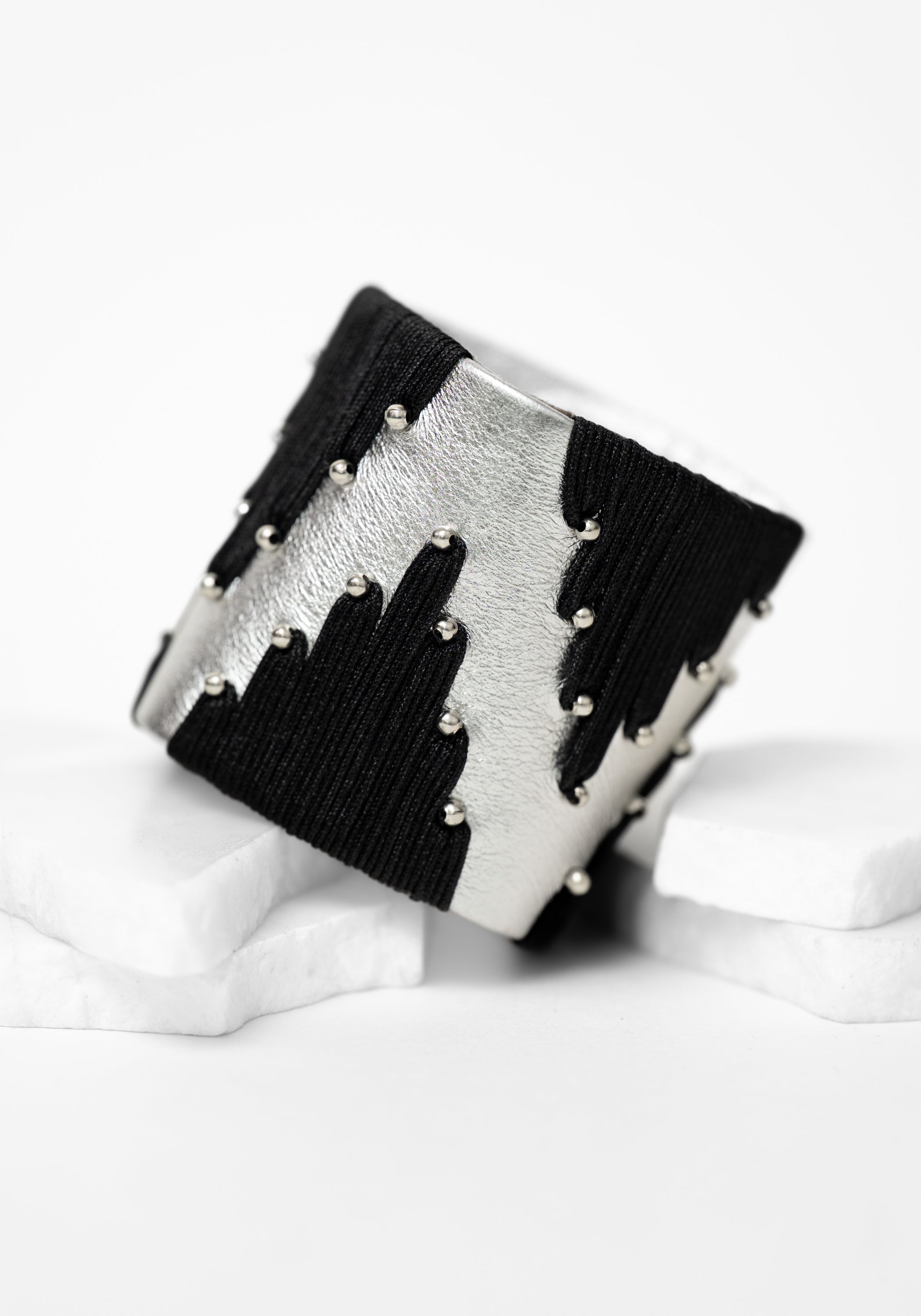 Silver Leather Embroidered Chevron Cuff
