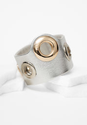 Silver Leather Bold Grommet Detail Cuff