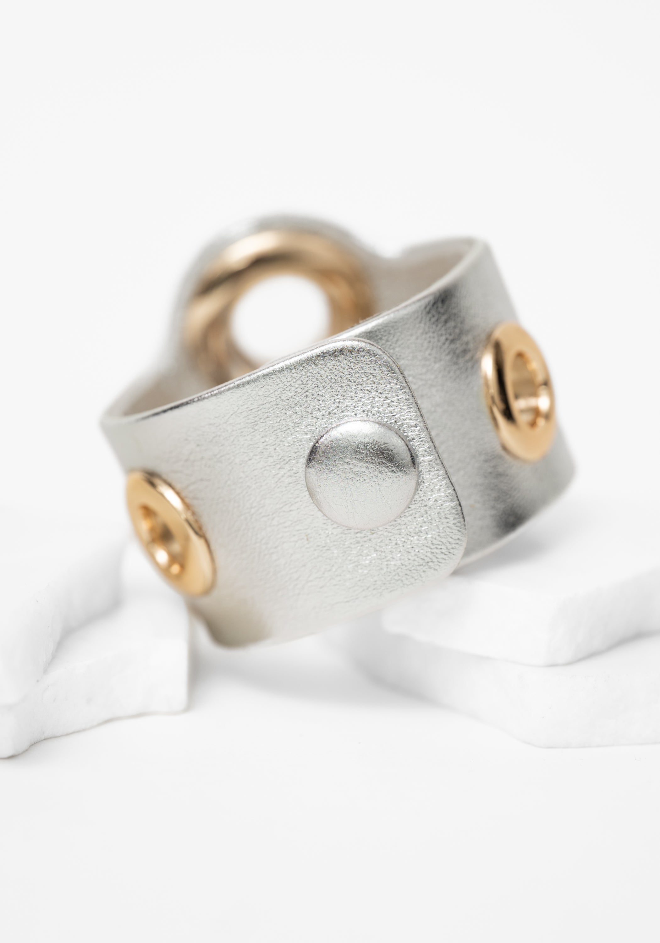 Silver Leather Bold Grommet Detail Cuff