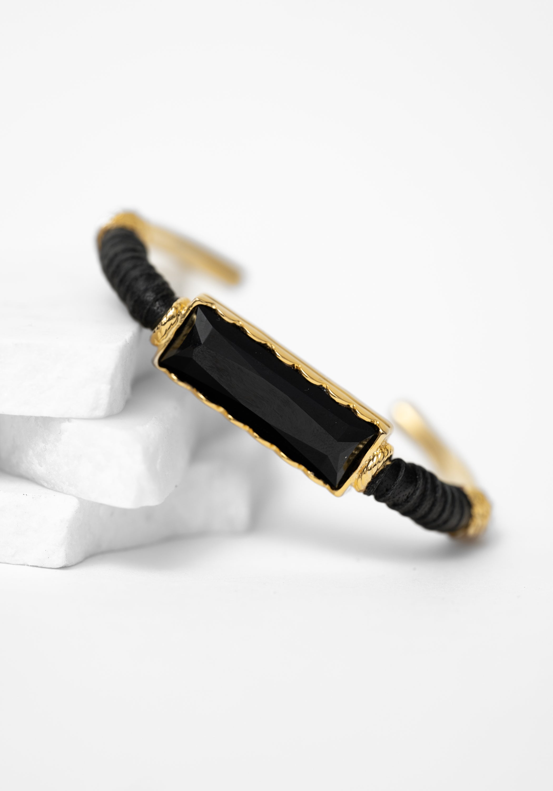 Black Leather and Crystal Detail Adjustable Cuff