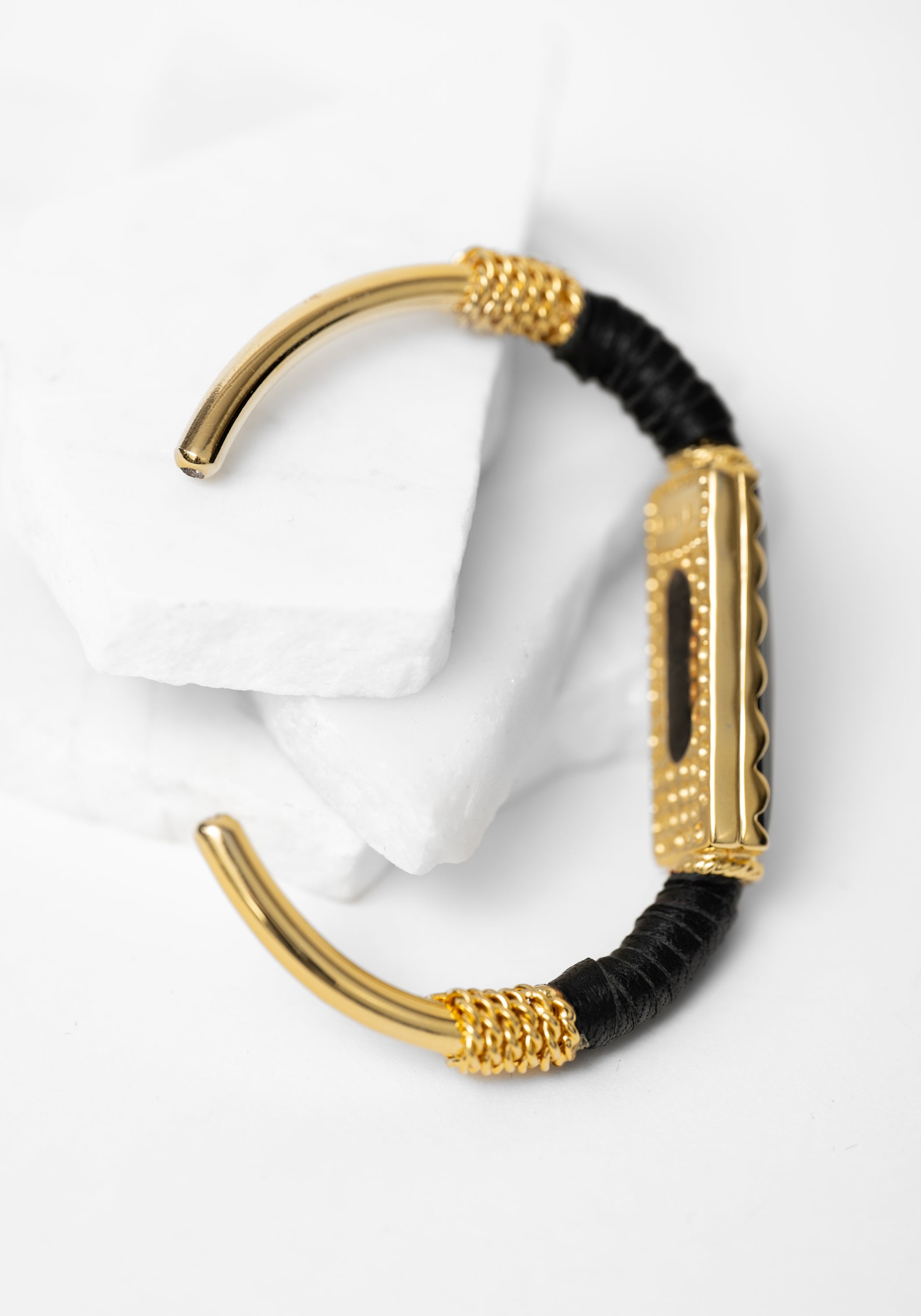 Black Leather and Crystal Detail Adjustable Cuff