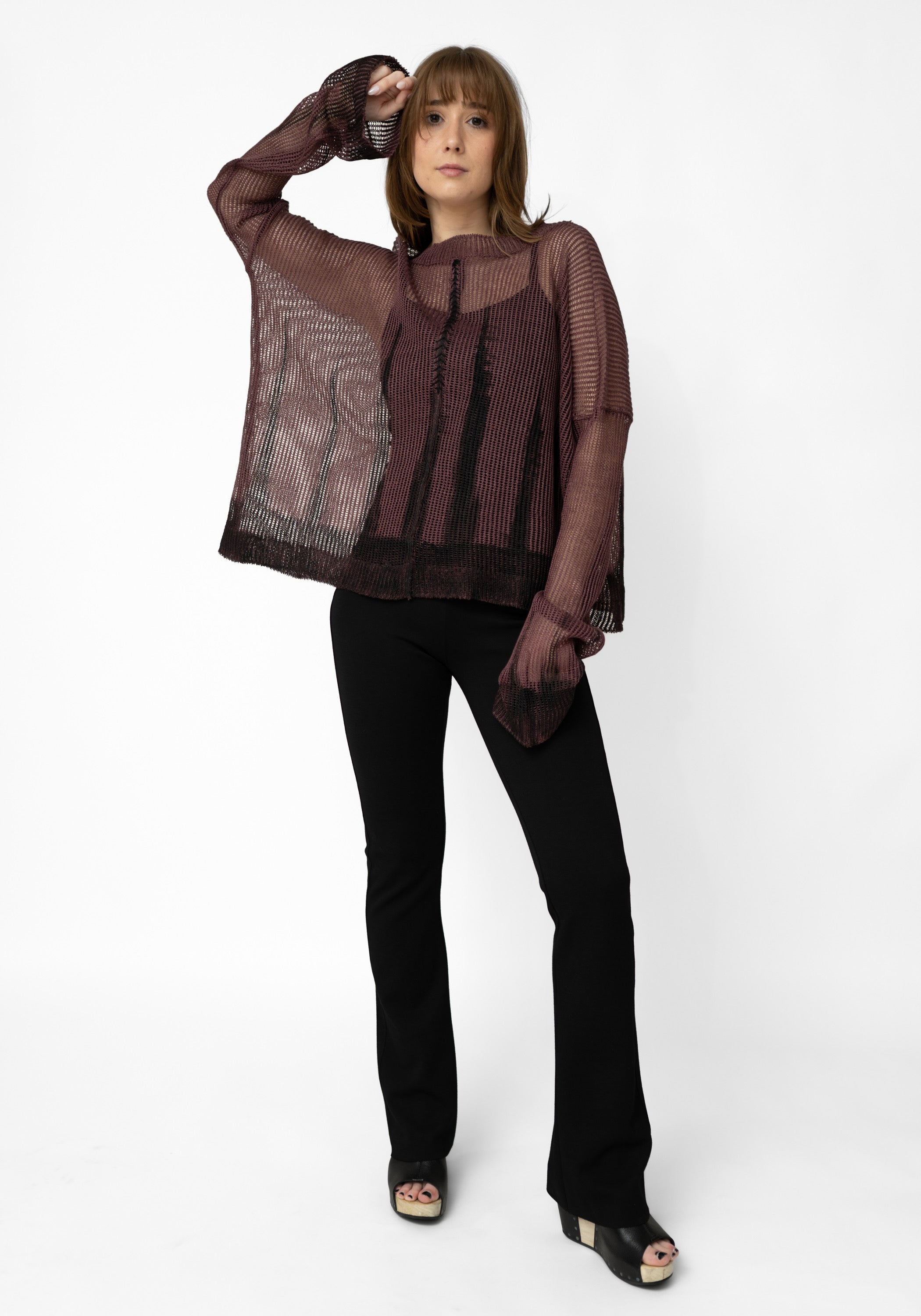 Plus Bordeaux Hand Painted Linen Wide Sleeve Knit Pullover