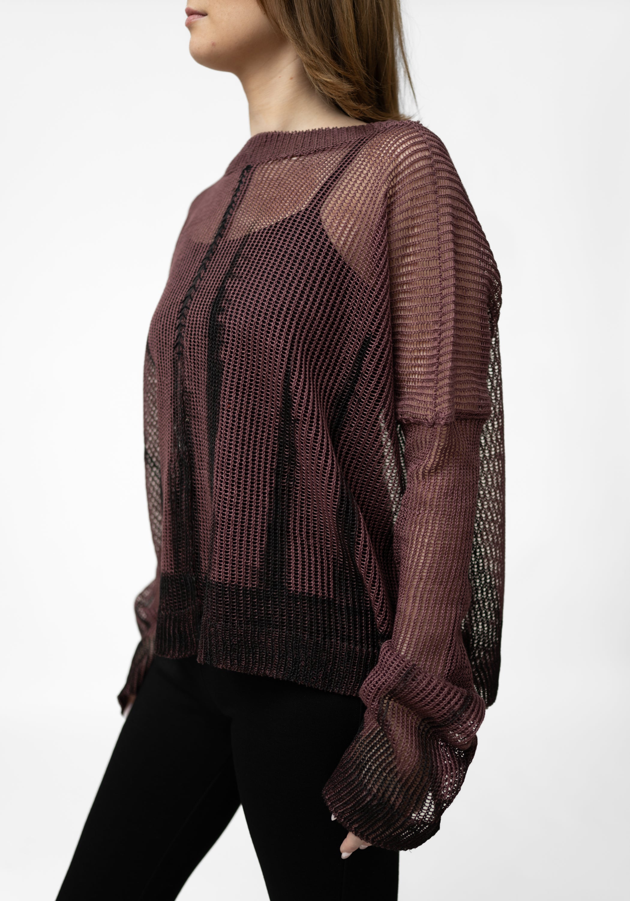 Plus Bordeaux Hand Painted Linen Wide Sleeve Knit Pullover