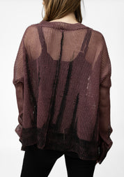 Plus Bordeaux Hand Painted Linen Wide Sleeve Knit Pullover