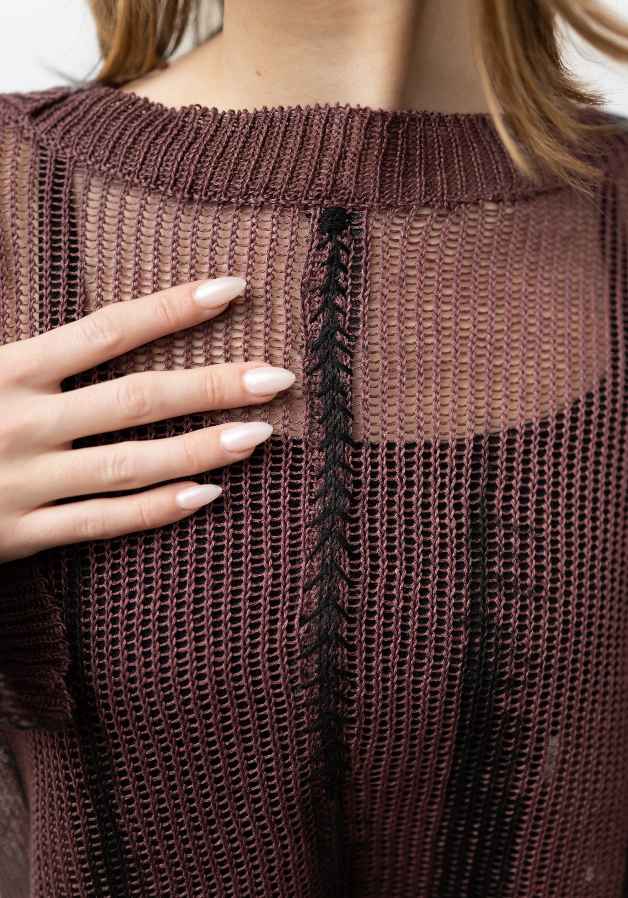 Plus Bordeaux Hand Painted Linen Wide Sleeve Knit Pullover