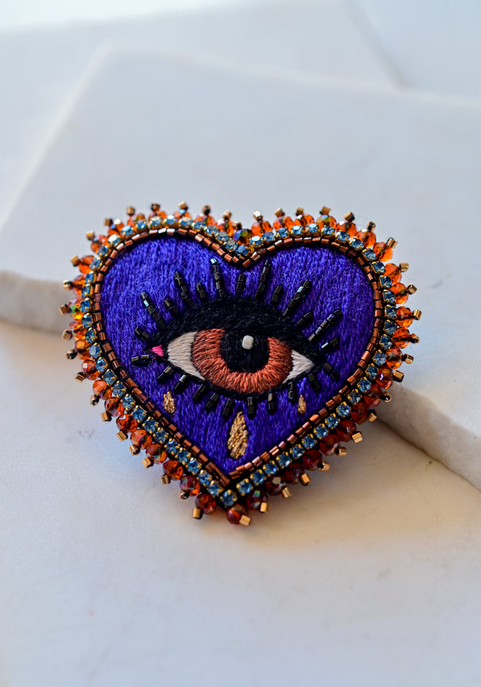 Embroidered Crying Eye Heart Brooch