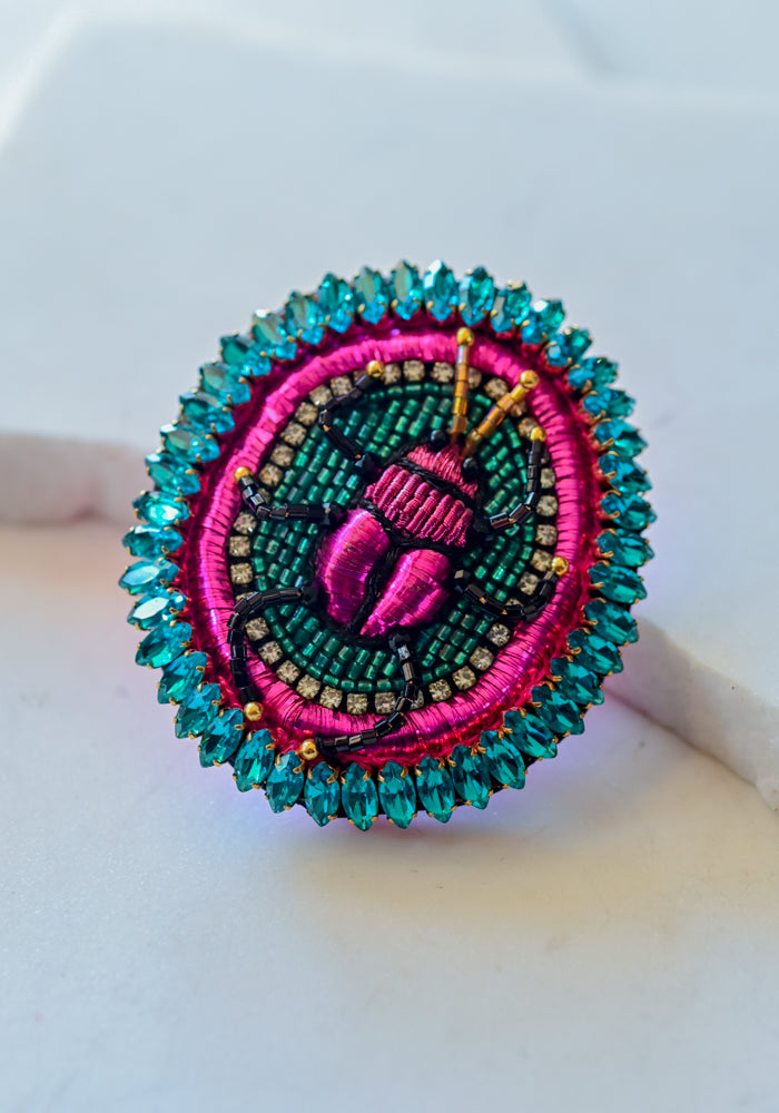 Embroidered Fuscia Beetle Brooch