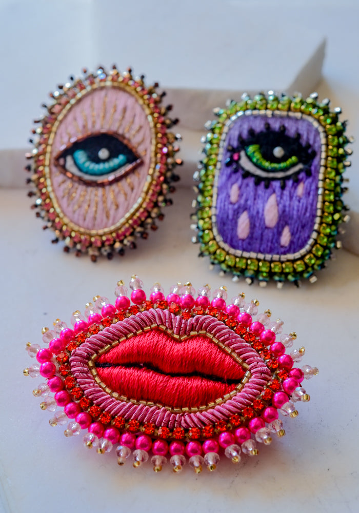Mini Embroidered Pink Eye Brooch
