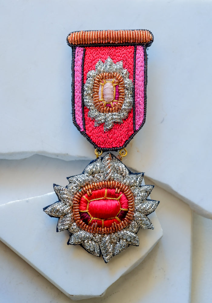Embroidered Ruby and Garnet Medal Brooch