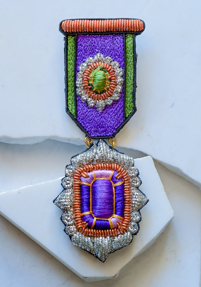 Embroidered Peridot and Amethyst Medal Brooch