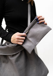 Oversized Grey Leather Drawstring Straps Backpack