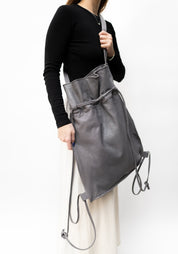 Oversized Grey Leather Drawstring Straps Backpack