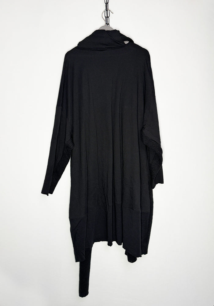 Oversized Scarf Neck Knit Wool Blend Details Tunic in BLACK Only