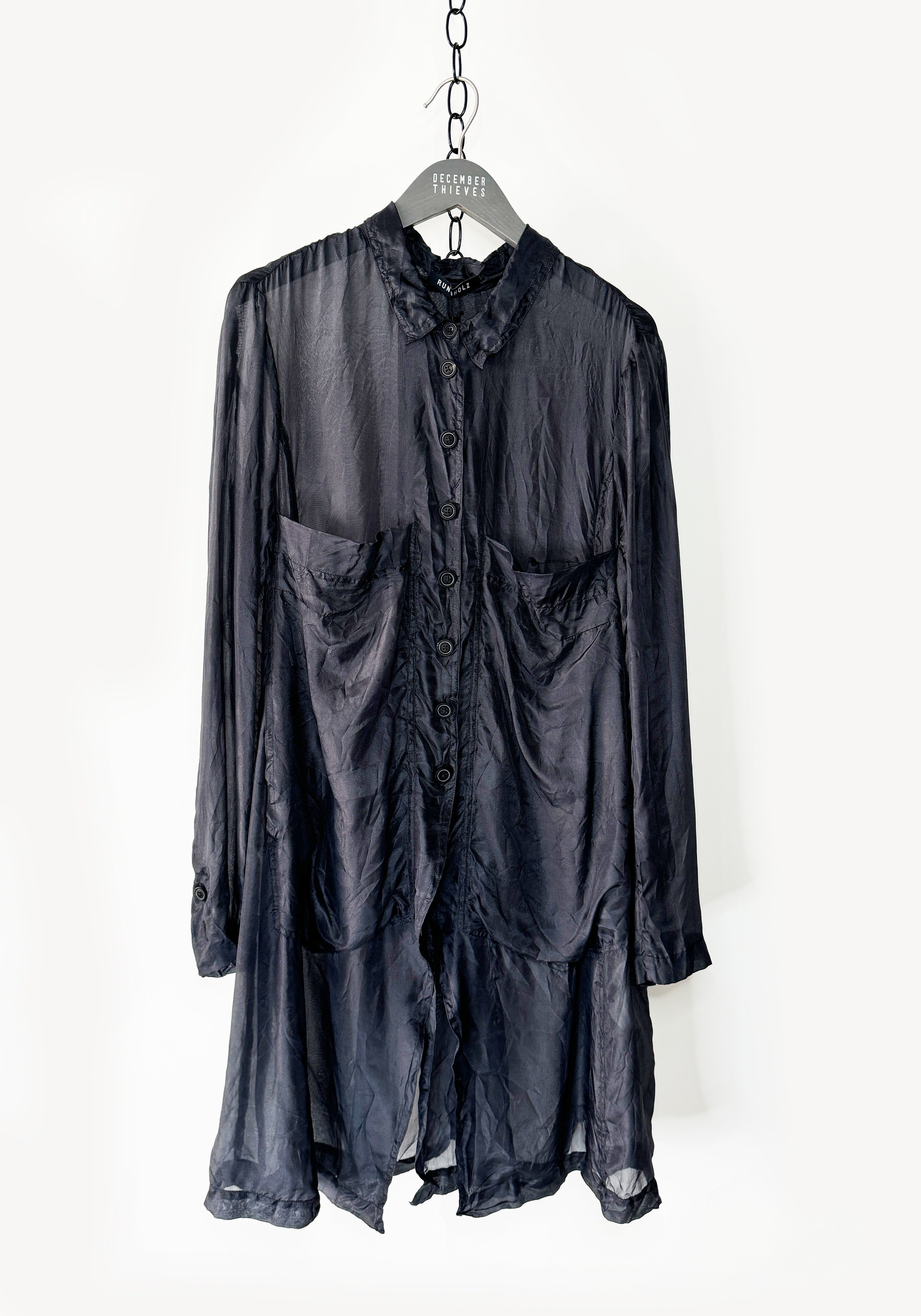 Open Back Button Up Sheer Blouse in SLATE CLOUD Only