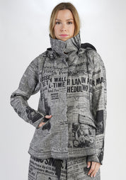 Newspaper Print High Funnel Neck Jacket with Removable Hood