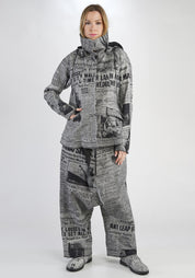 Newspaper Print High Funnel Neck Jacket with Removable Hood