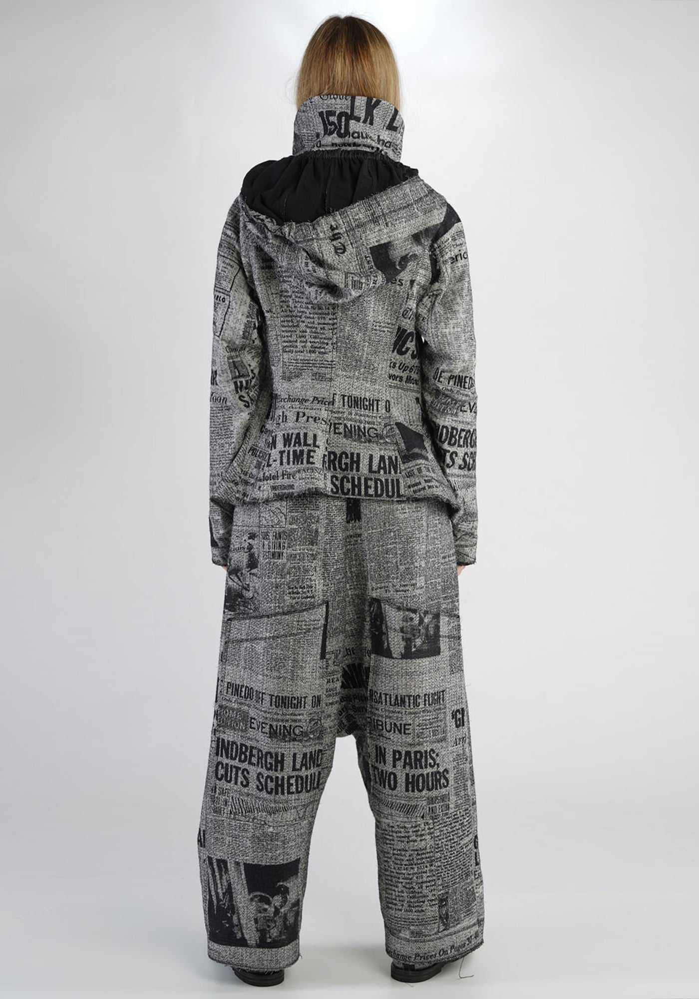 Newspaper Print High Funnel Neck Jacket with Removable Hood