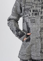 Newspaper Print High Funnel Neck Jacket with Removable Hood