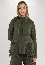 Loosely Tailored High Neck Hooded Jacket with Bold Pocket Details