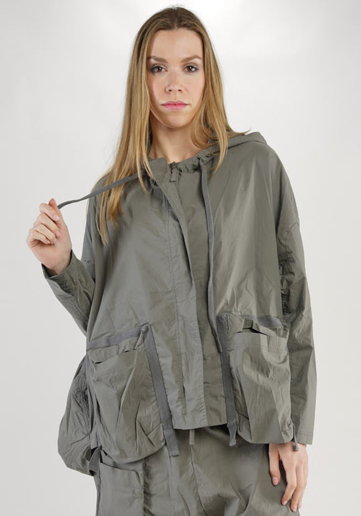 Hooded High Neck Balloon Silhouette Jacket with Bold Pocket Details