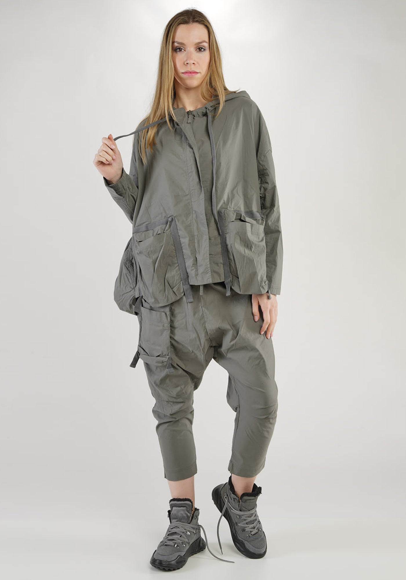 Hooded High Neck Balloon Silhouette Jacket with Bold Pocket Details