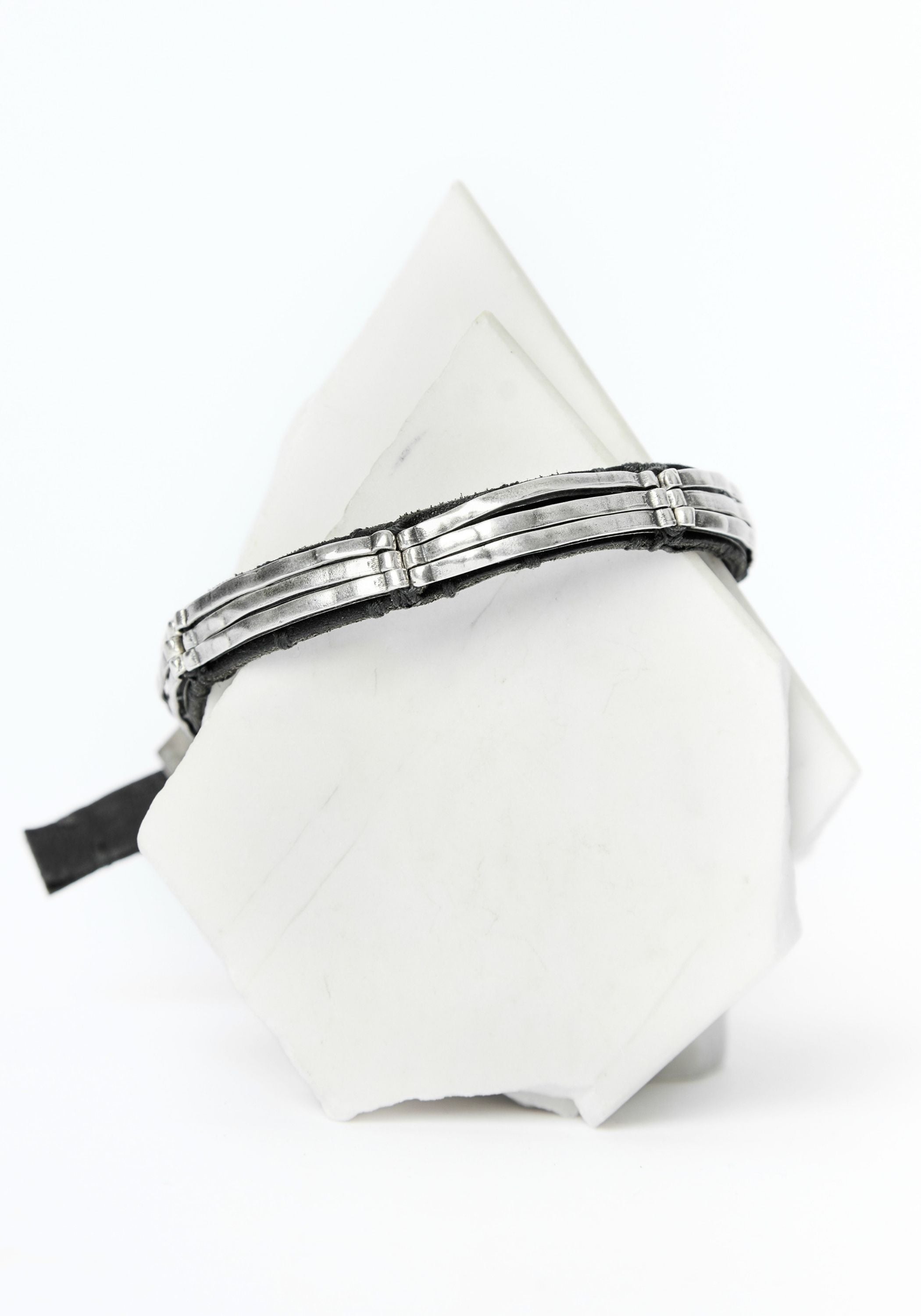 Leather Triple Long Sterling Bars Bracelet