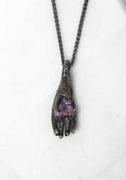 Oxidized Sterling Hand Holding Triangle Amethyst Necklace - December Thieves