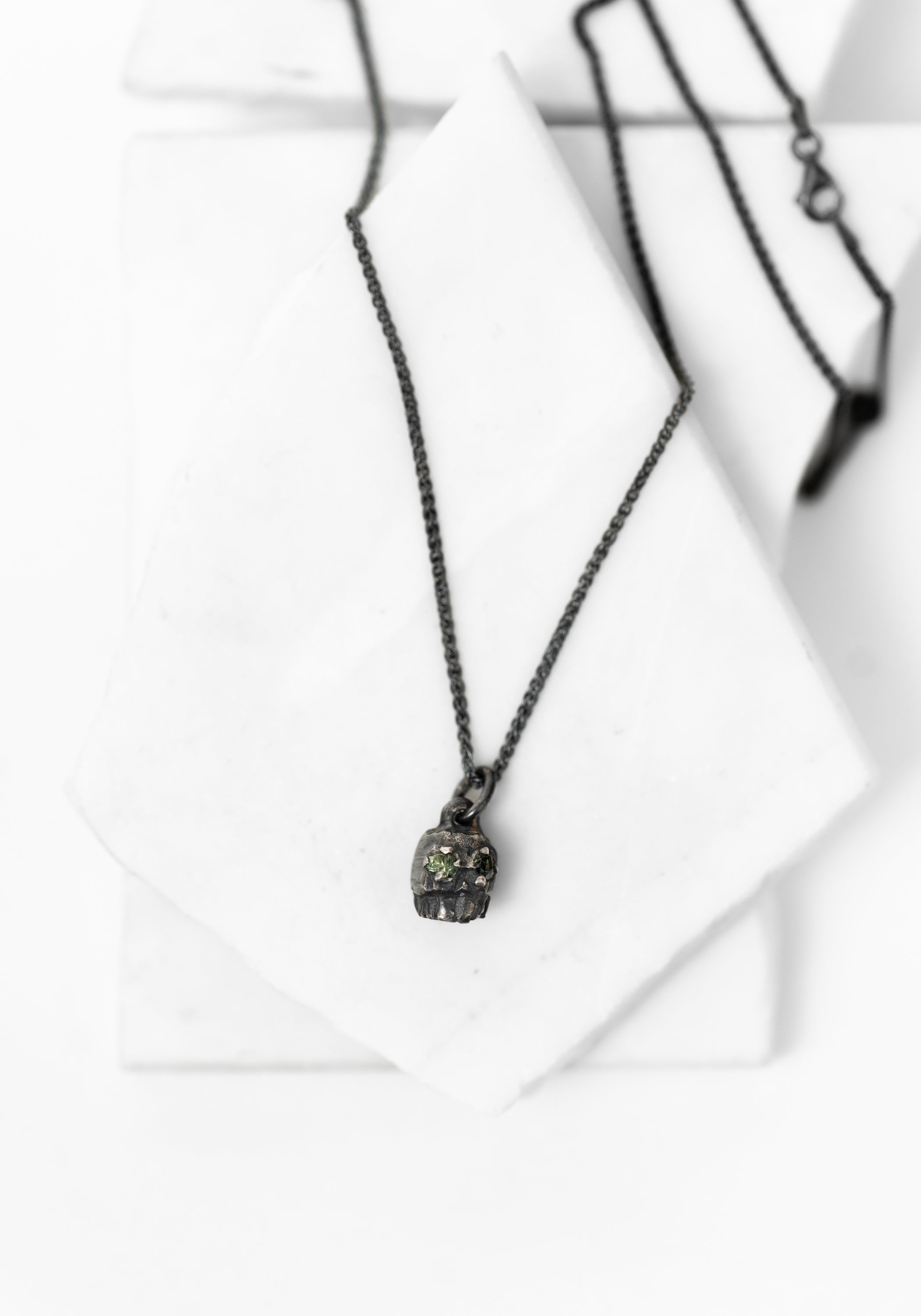 Oxidized Sterling Blue Green Sapphires Skull Necklace - December Thieves